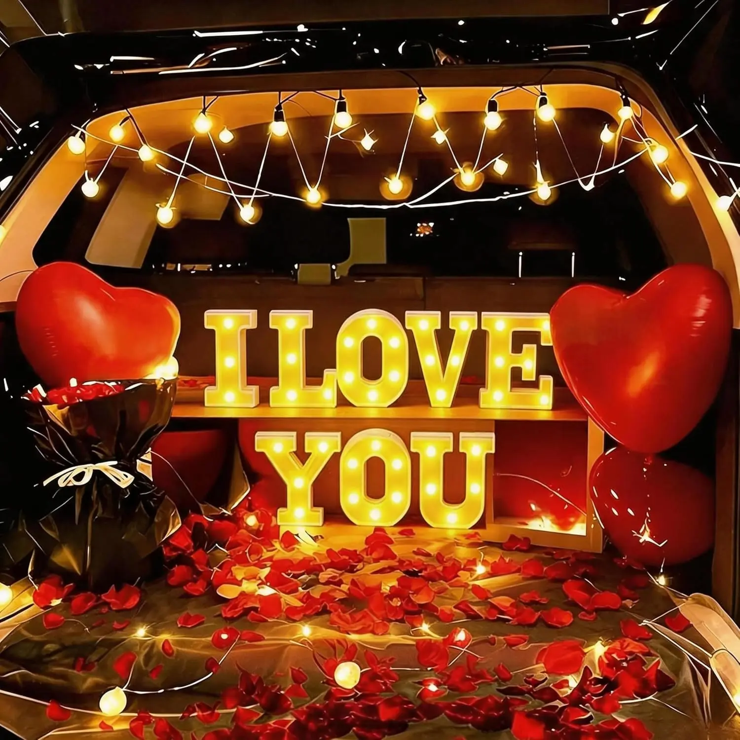 I Love You Light Up Letters Proposing Decorations Set Includes 14 LED Light Letters and 1000 Rose Petals Valentine's Day Ornaments