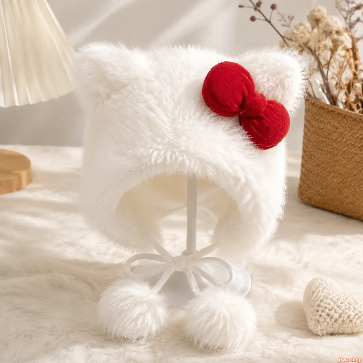 Cute Cat Ear Plush Hat with Pom Pom Bowknot Design, Soft Warm Winter Beanie for Women and Teen Girls, Kawaii Y2K Fashion Accessory for Fall Winter Outdoor Daily Wear homedecor
