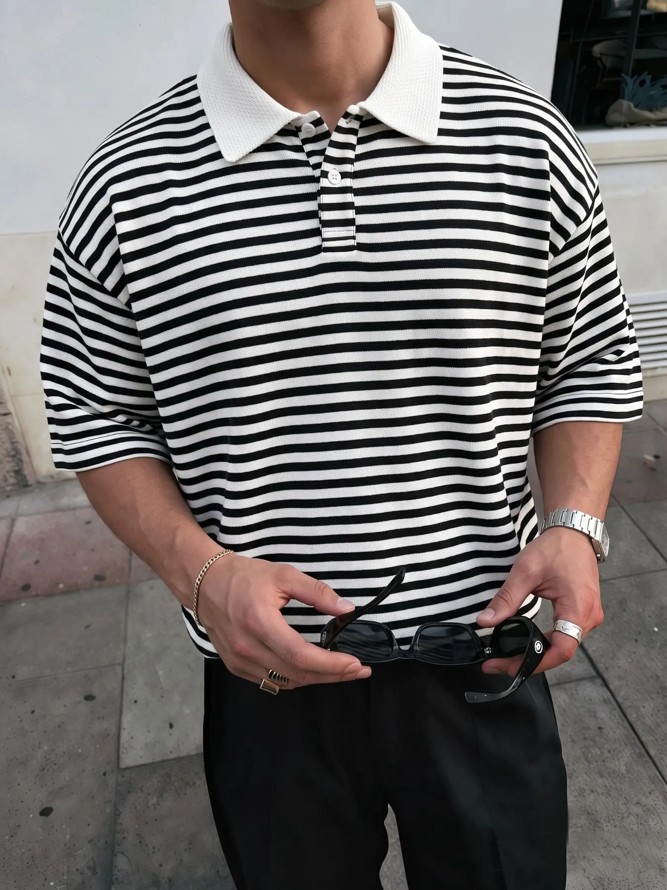 Men's and Striped Short Sleeve Polo Shirt, Contrast Collar Button Down Casual Top, Loose-Fitting Unlined Design