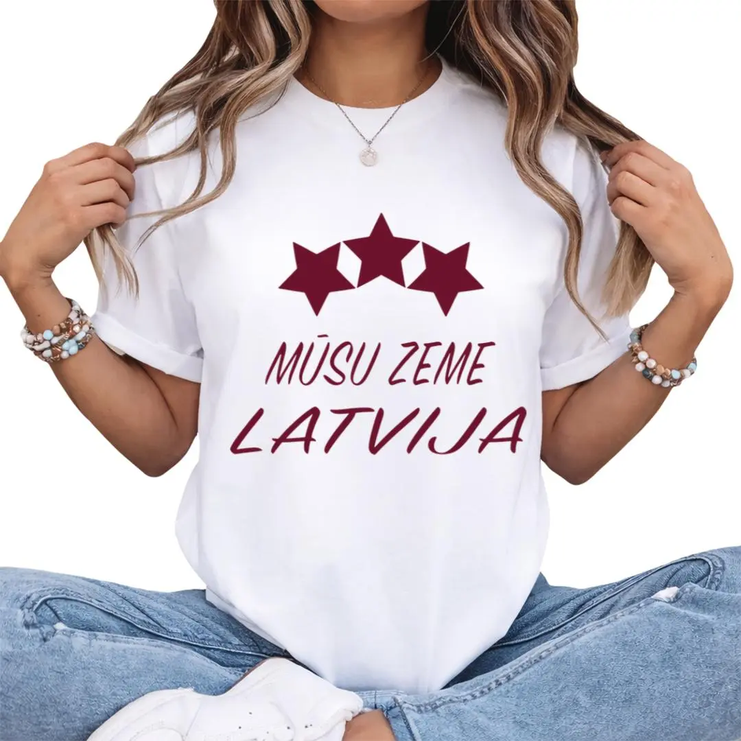 Women's Cotton Loose-Fit Graphic T-Shirt - Short Sleeve Crew Neck, Latvia Our Land Letter Print, Casual All-Season Top, Machine Washable Women's Apparel, Graphic T Shirts