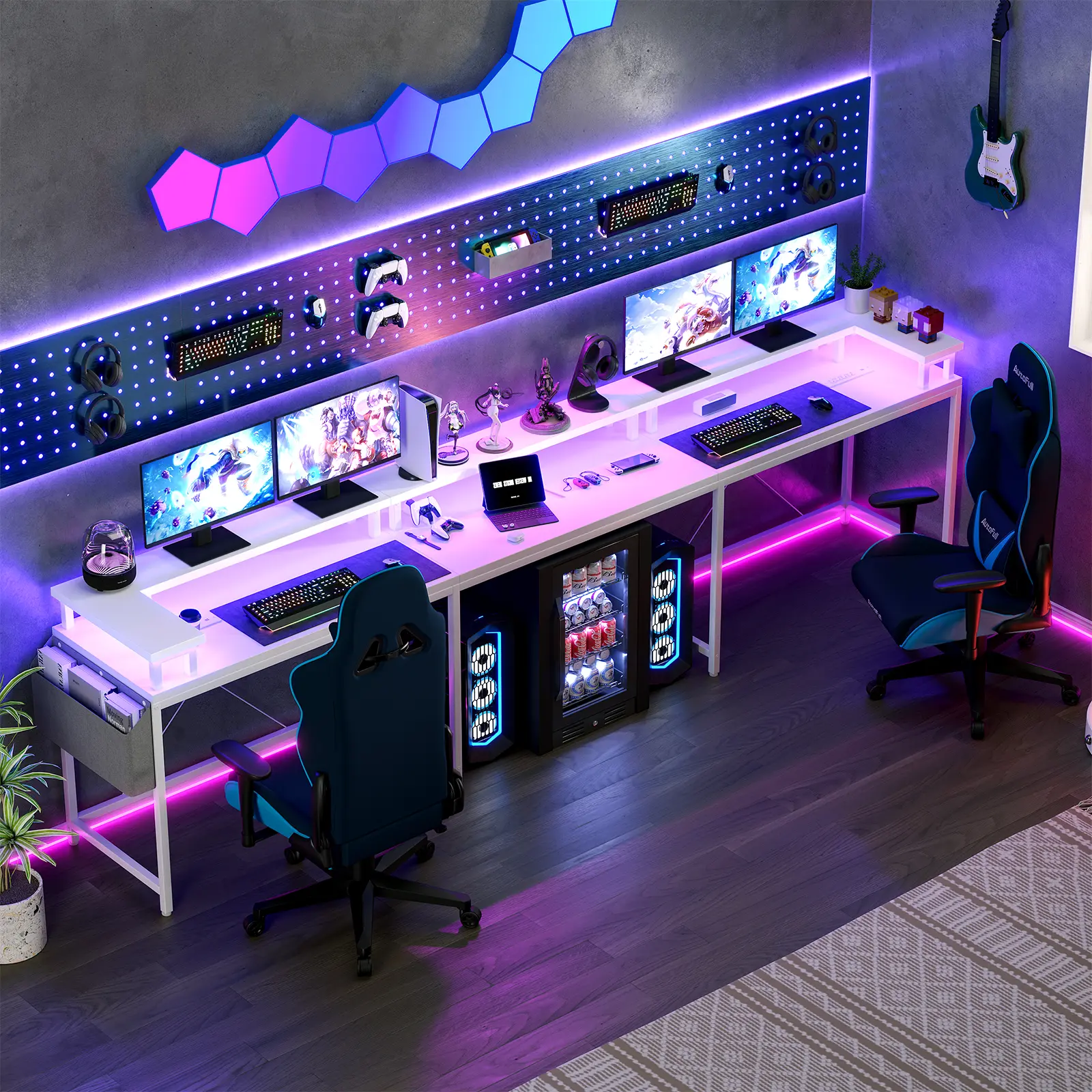 [SummerSale] GAOMON 79" U-Shaped Reversible L-Shaped Corner Computer Desk with Power Outlets & LED Lights, Full Monitor Stand, Storage Shelves, Bag Hook & Headphone Hooks, Multi-Purpose Gaming & Home Office Workstation/Home Office Furniture