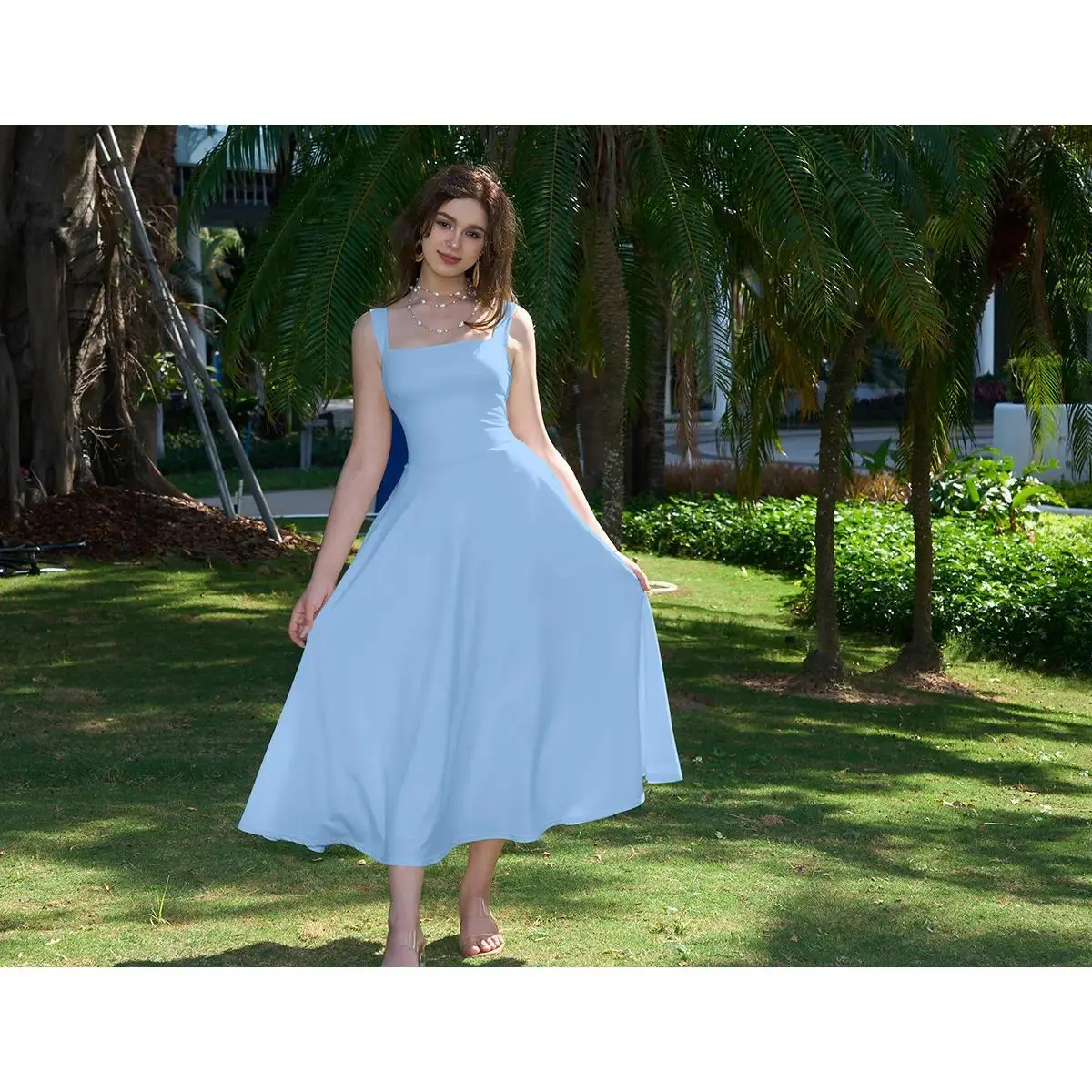 Women’s Sleeveless A Line Maxi Dress, Square Neck Solid Flowy Long Sundress with Pockets, Slim Fit Back Tie Design
