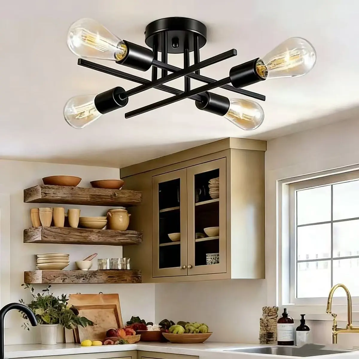 4-Light Modern Semi-Flush Mount Ceiling Light Fixture, Farmhouse Industrial Ceiling Chandelier with E26 Bulb Bases for Living Room, Bedroom, Kitchen, Hallway, Dining Room & Entryway, Bulbs Not Included