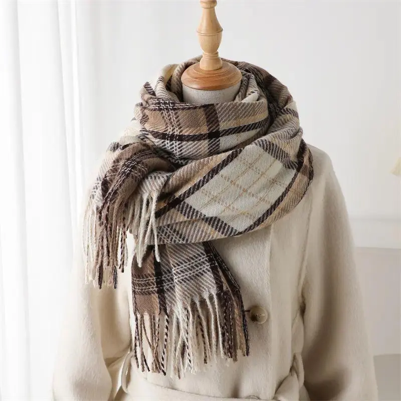 Women's Brown Black Plaid Check Cashmere Blend Scarf, Soft Fringe Detail Shawl Wrap, Cozy Fall Winter Fashion Accessory