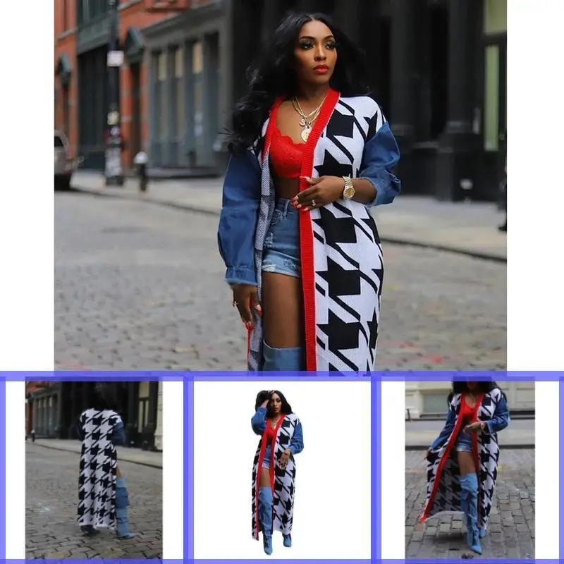 Women's Houndstooth Patchwork Print Drop Shoulder Longline Cardigan, Casual Fit Long Sleeve Open Front Knitwear for Fall & Winter, Fashion Ladies' Knit Clothing for Daily Wear, Sweaters for Women Can be paired with women's windbreakers and raincoatsG