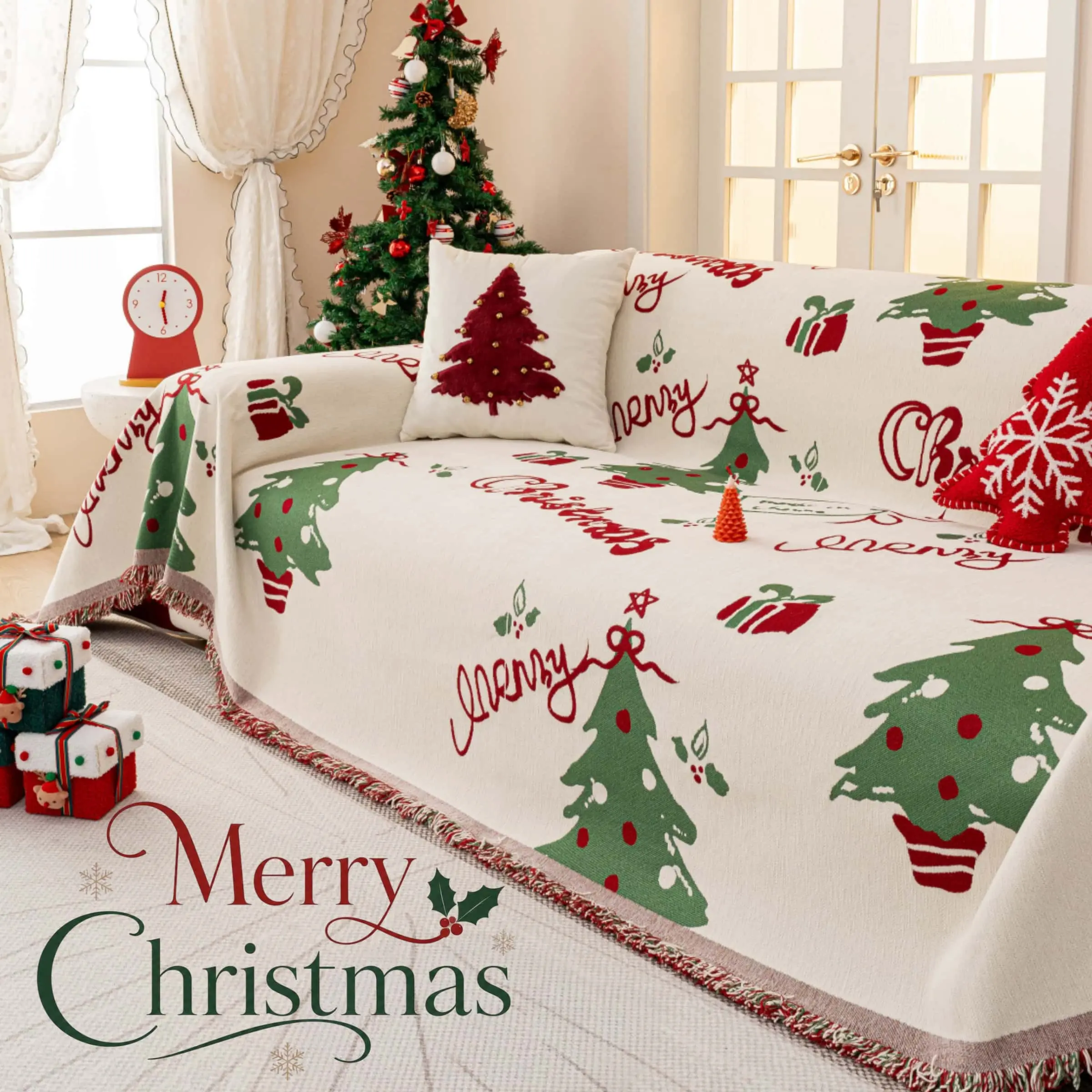 Christmas Sofa Cover, 1 Piece Full Coverage Couch Throw Blanket, Festive Pet-Friendly Furniture Protector, Machine Washable Sofa Cover for Sectional Sofas, Loveseats & 1-4 Seater Couches, Thick Couch Cover