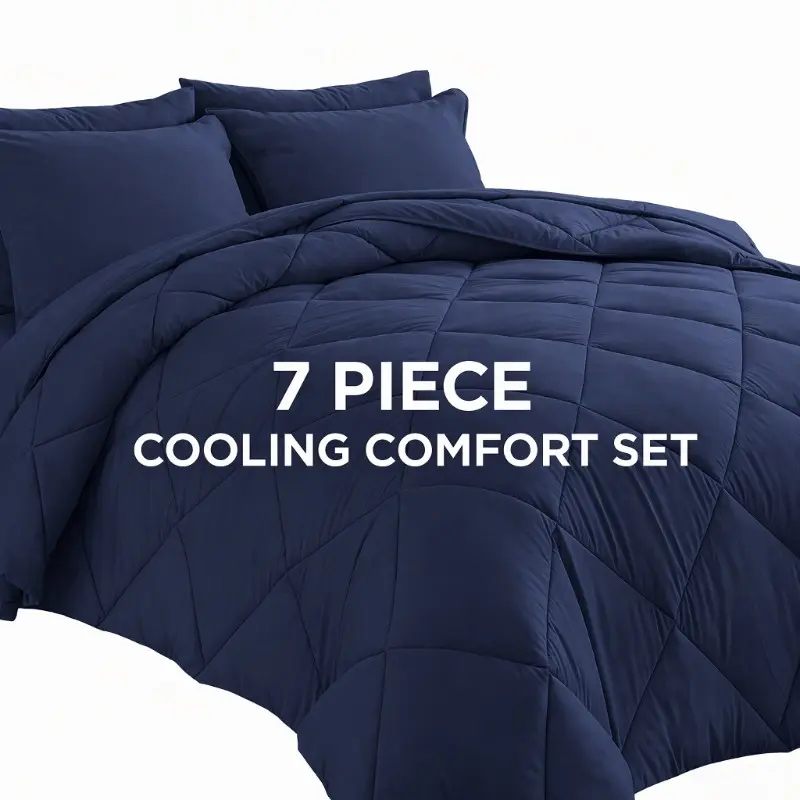 Queen Size Summer Cooling Quilt Comforter Set 7 Pcs, Cationic Dyed Navy Blue Bedding Includes Comforter, Sheets, Pillowcases & Shams, Reversible Cloud-Like Soft, All Season Cozy Comfort, Machine Washable