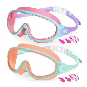 Kids Diving Goggles 2-Pack, Wide View Anti-Fog Swim Goggles, Soft Silicone Leakproof Glasses with Earplugs, Swim Accessories for Boys and Girls