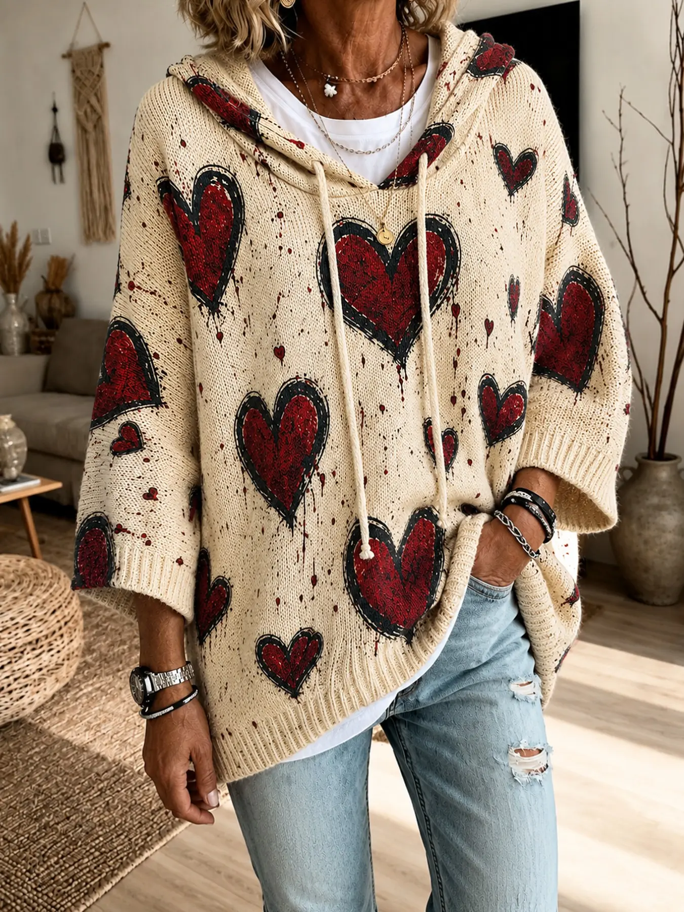 Women's Fall Winter Heart Pattern Knit Hoodie, Boho Chic Style 3/4 Sleeve Loose-Fitting Sweater, Drawstring Design, Unlined