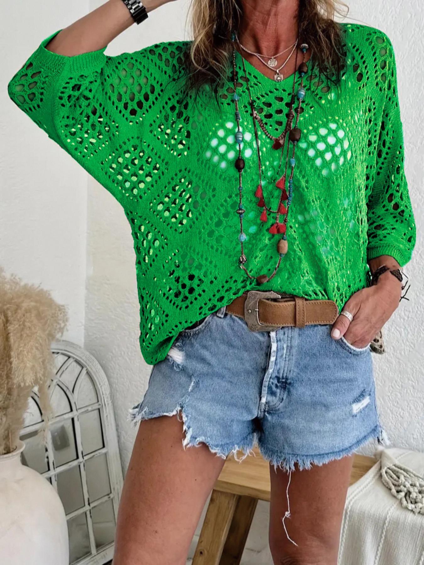 Plus Size Solid Hollow Out Drop Shoulder Knit Top, Casual V Neck Three Quarter Length Sleeve V Neck Knitwear for Summer, Women's Plus Clothing for Daily Wear