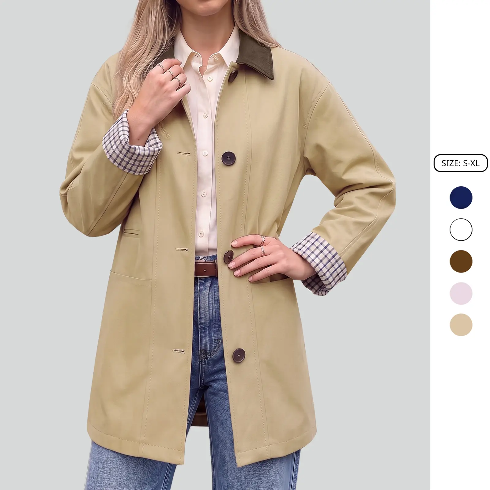 Imily Bela Women's Classic Barn Jacket Casual Button Down Coat with Contrast Collar