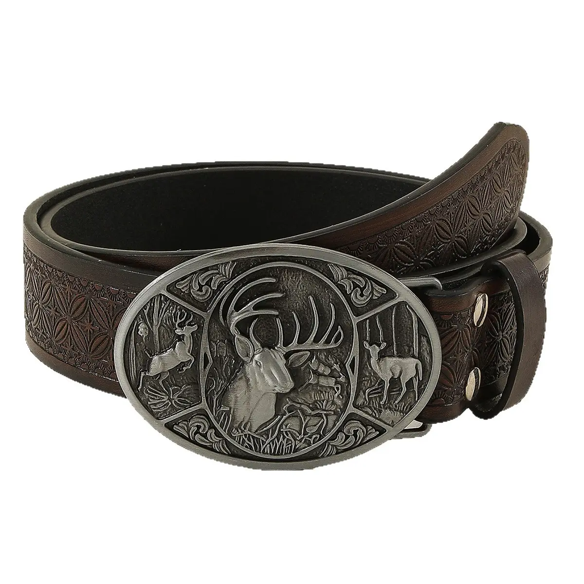 Men's Vintage Heavy Duty Ornamental Patterned Buckle Belt - Western Cowboy Deer Oval Big Zinc-Alloy Buckle, Floral Embossed Leather Strap, for Rodeo Casual Daily Wear