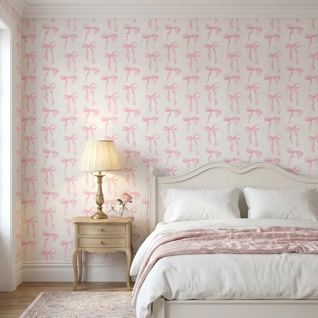 Peel and Stick Pink Bow Wallpaper, Waterproof Self Adhesive Removable Contact Paper, Sweet Decor for Bedroom, Bathroom, Vanity and Furniture Wrap