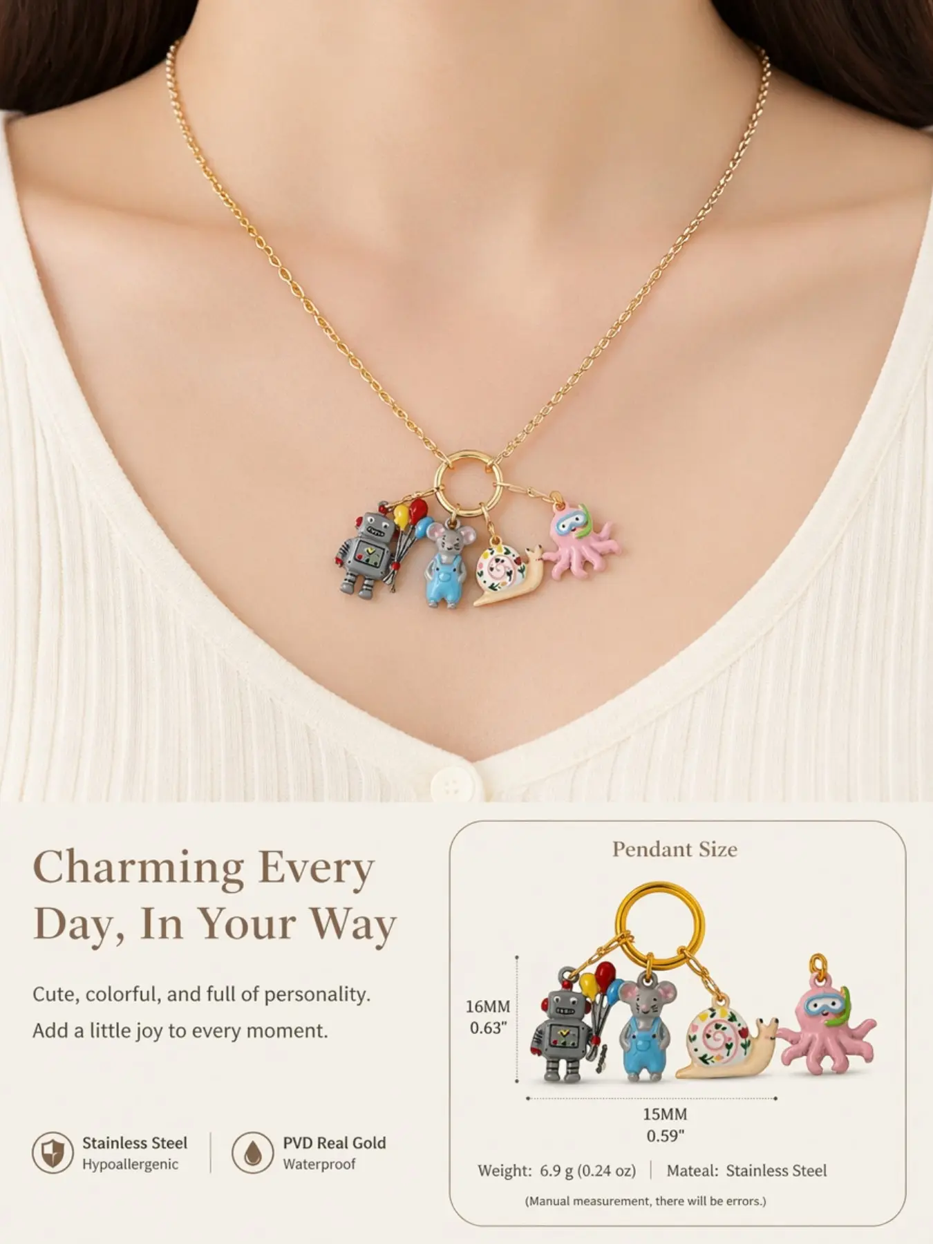 4 Pcs Owl Pendant Set + 1 Necklace, Colorful Animal Series, Stainless Steel, DIY Vacuum Plated, 18k Jewelry