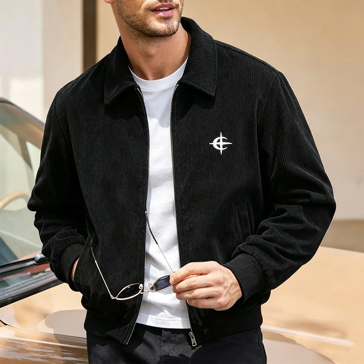 Men's Retro Corduroy Harrington Jacket - Lapel Collar, Full Zip, Stylish Chest Embroidery, Ribbed Cuffs, Side Pockets, Lightweight Outerwear for Urban Street Style, Spring Autumn Wear