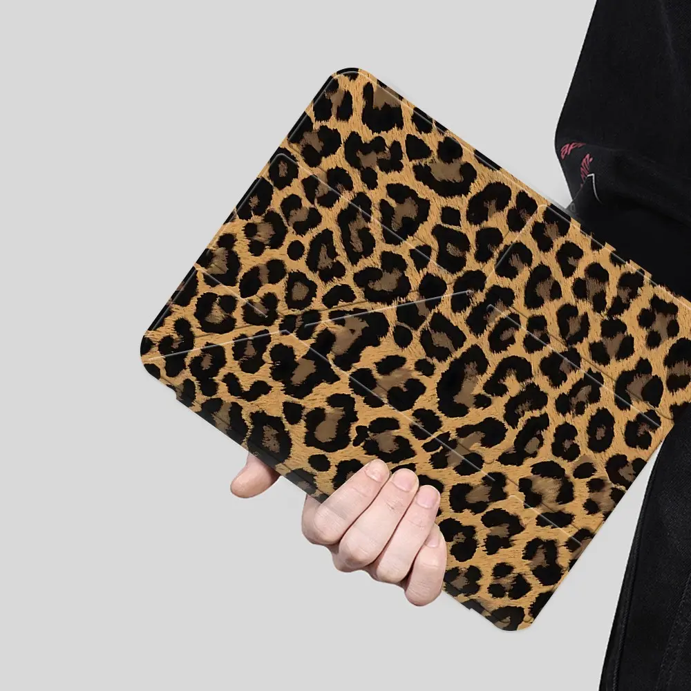 Retro Classic Leopard Spots Pattern Print iPad Case, Transparent Acrylic Y-Fold Stand with Shockproof Back, Pencil Slot & Charger Port,Fits iPad 7.9/8.3/10.2/10.5/10.9/11/12.9 13 inch,Shock-resistant Full Cover Protective Case Suitable for Offices Schools