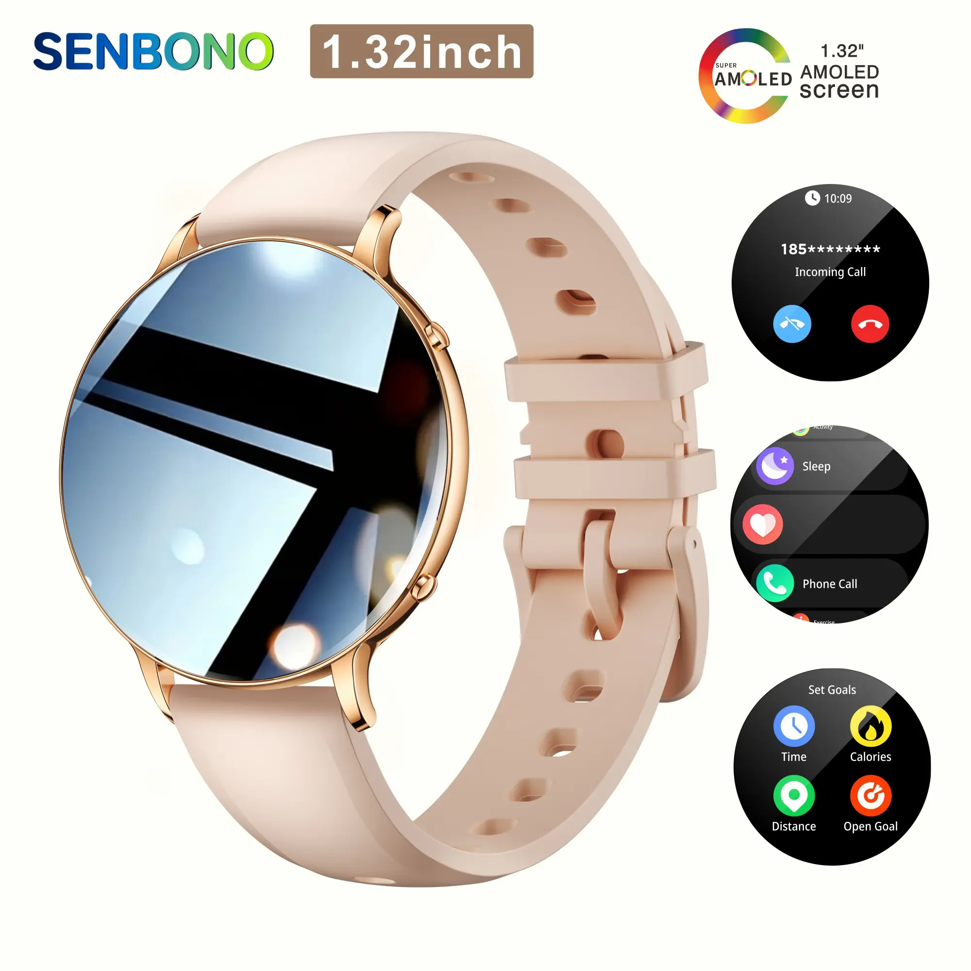 SENBONO The 2026 new women's wearable smartwatch, Digital smartwatch, features a 1.32-inch ultra-thin body, high-definition AMOLED screen, wireless calling, voice assistant, message reminder, photography, DIY dial, and 100+sports modes, Ladies' gift