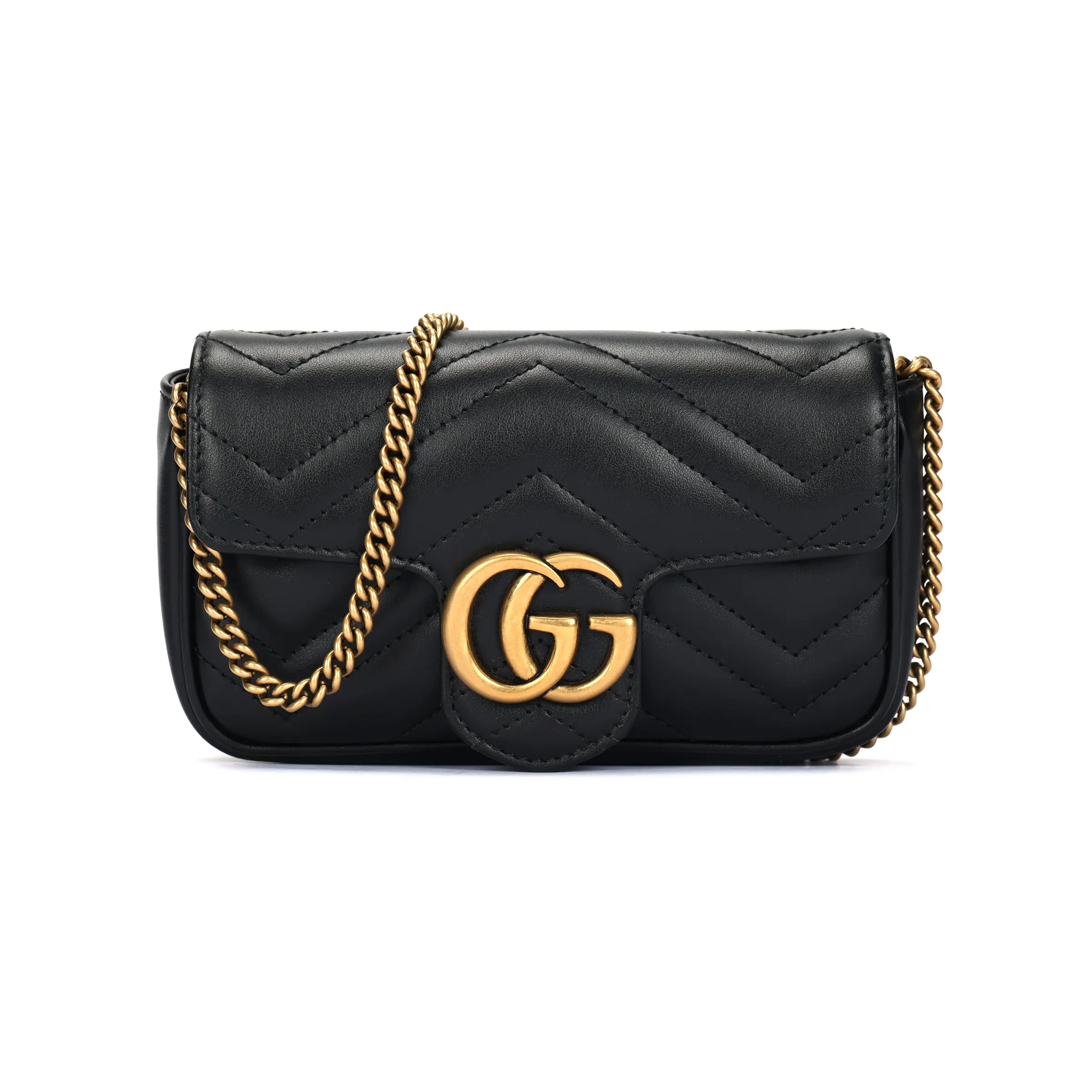 Gucci GG Marmont Distressed Double-G Charm Keychain Crossbody Bag for Women, V-Stitched Leather, Ultra-Mini, Black