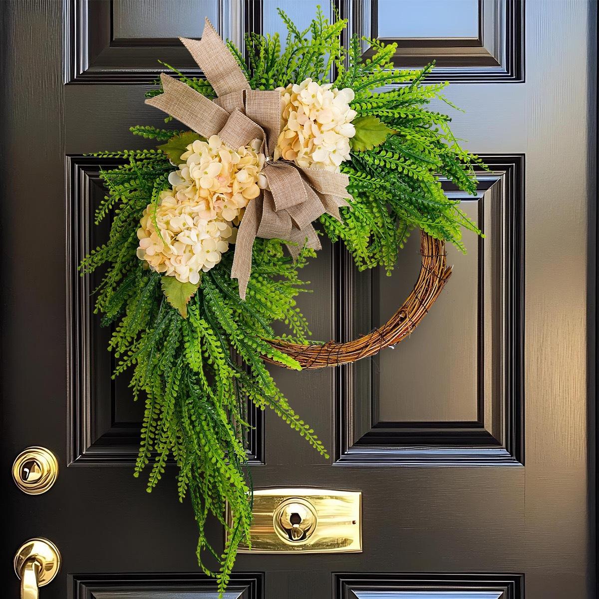 24" Large Farmhouse Hydrangea Wreath with Oversized Bow - Grand Statement Piece for Front Door, Porch & Wall Decor (60cm)