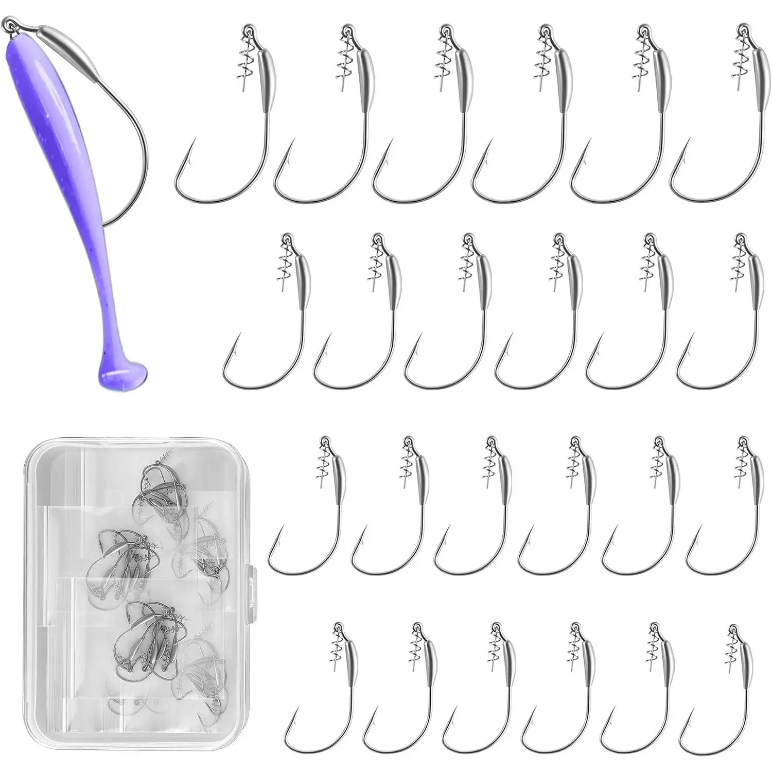 24 count Weighted Swimbait Hooks Set with Box, EWG Weedless Fishing Hooks with Spring Screw Lock, Saltwater Freshwater Worm Fishing Hooks for Bass Walleye Catfish, 1#, 1/0, 2/0, 3/0, 6 count Each Size
