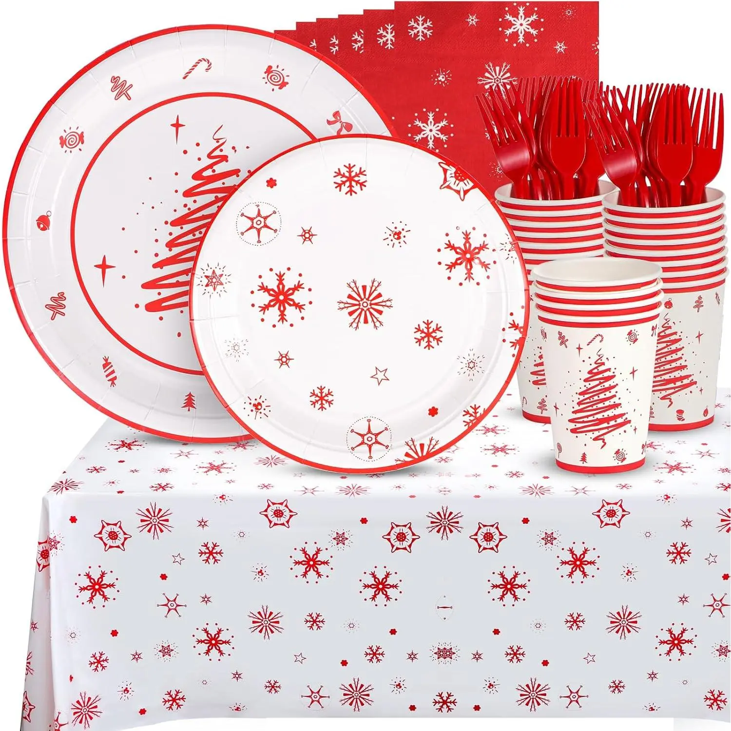 Christmas Party Supplies, Merry Christmas Plates and Napkins, Christmas Disposable Plates, 12oz Cups, Napkins and Forks for Birthday,  Shower, Xmas, Christmas Themed Parties Serves 24