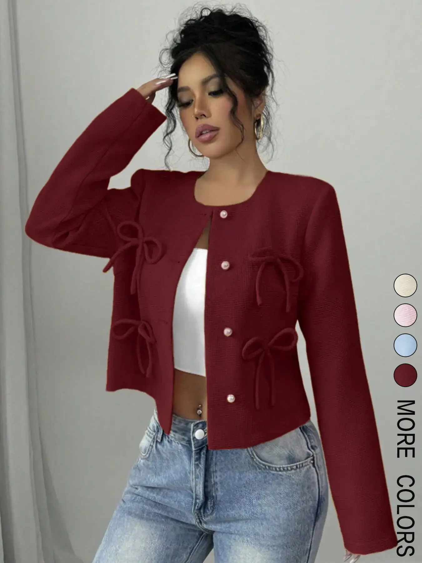 Women's Front Button Bow Autumn Winter Coat, Elegant Long Sleeve Outerwear, Casual Fashion Jacket for Ladies, Perfect for Fall & Winter Seasons