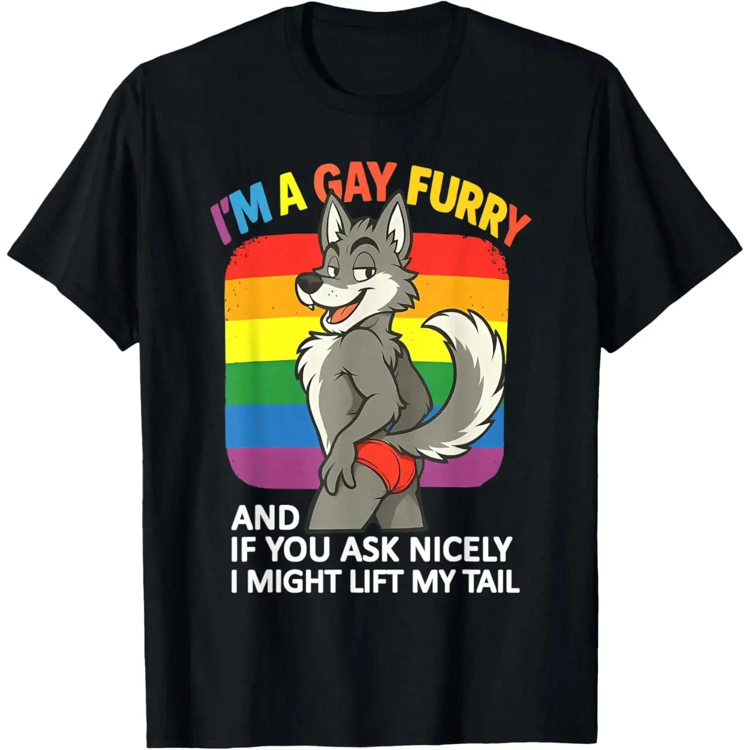 Men's Round Neck Short-Sleeve Lightweight LGBTQ Rainbow Fox Furry Pride T-Shirt, Machine Washable Tops, Shortsleeve, Rainbow Print, True Size, All Seasons, Casual, Standard, Crew Neck