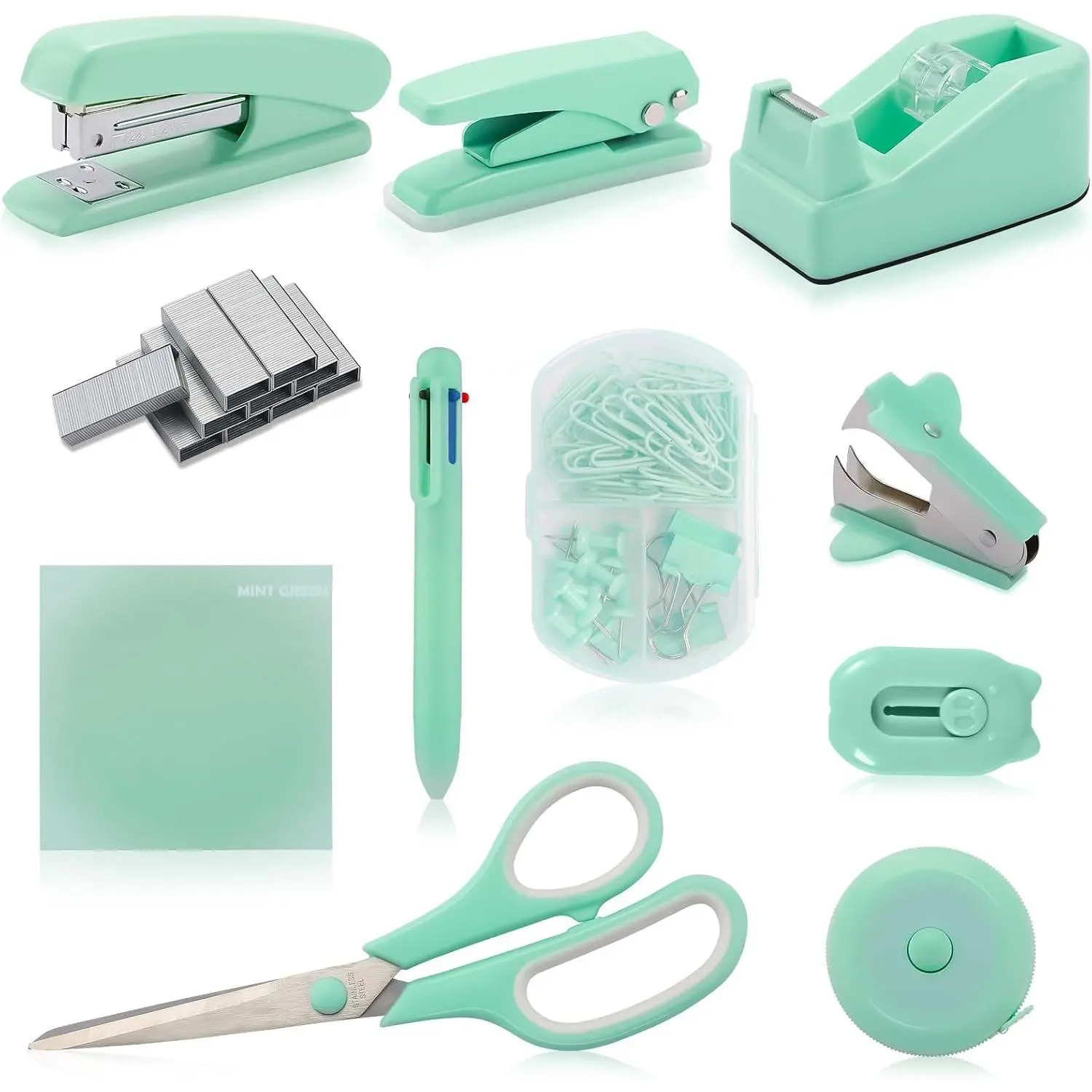 Cute Green Plastic-Steel Desk Accessory Kit, Office/School Stationery Set Including Stapler, Staple Remover, Hole Punch, Tape Dispenser, Ballpoint Pen, Scissors, Mini Box, Tape Measure, Paper Clips, Sticky Notes