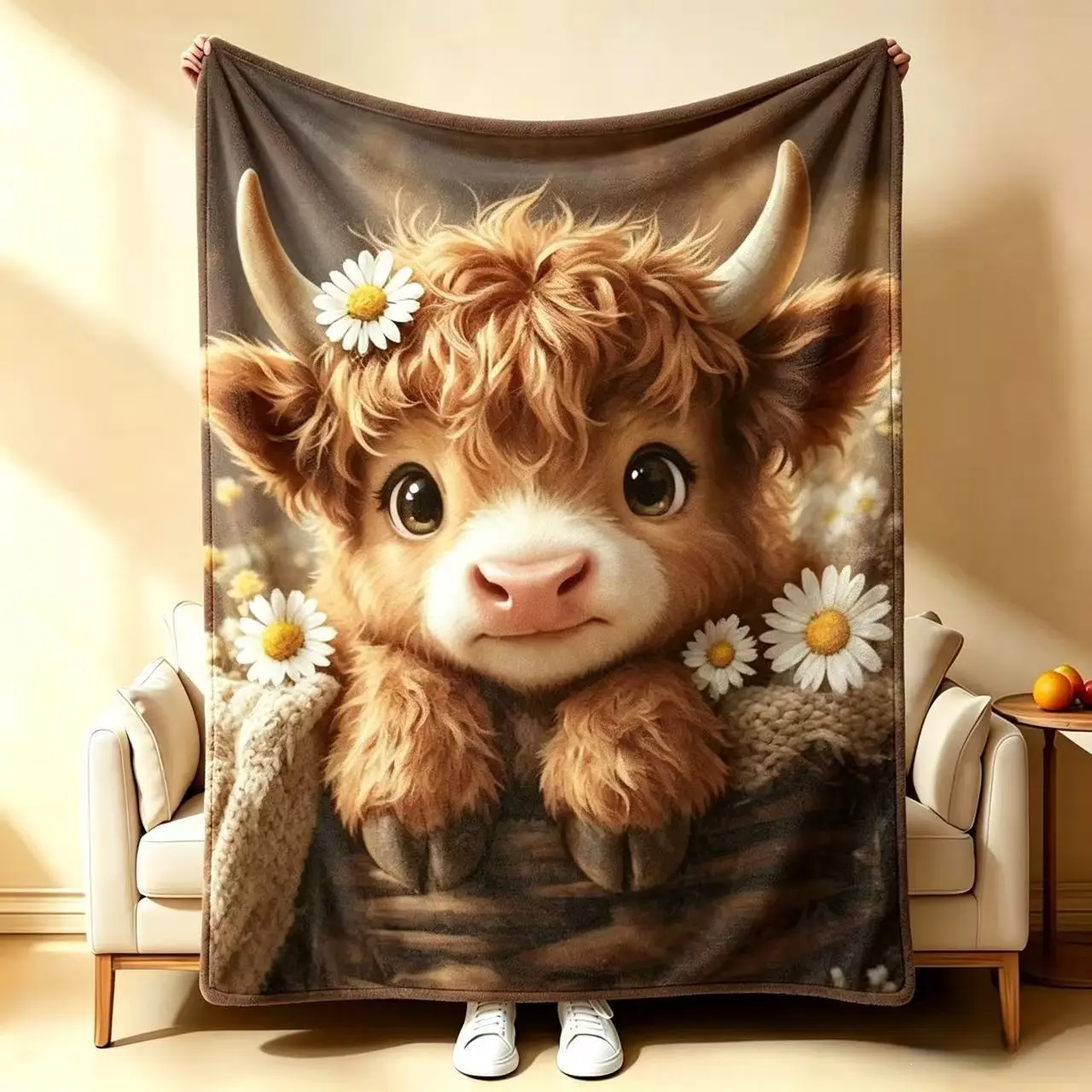 Cute Highland Cow Daisy Flannel Throw Blanket, Vintage Neutral Baby Cow With White Daisies Print Soft Fleece Blanket, Western Cottagecore Farmhouse Aesthetic Cozy Throw for Sofa Bed Dorm, Perfect Gift for Cowgirl & Highland Cow Lovers