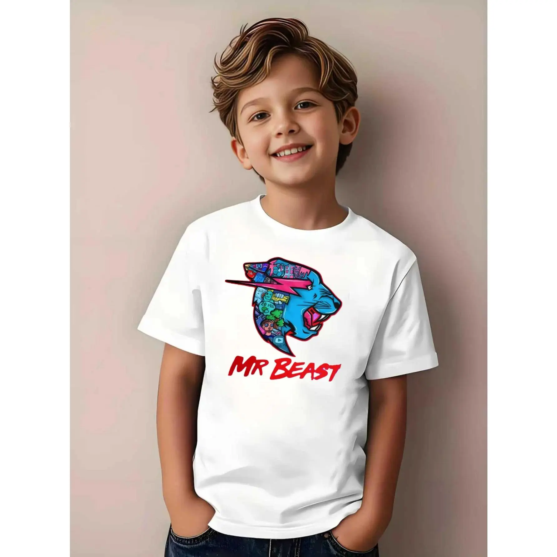 Boys' MR BEAST Graphic T-Shirt with Beast Print - Short Sleeve Round Neck Summer Tee, Casual Comfortable Top with MR BEAST Design for Boys' Casual Attire & Fan Apparel
