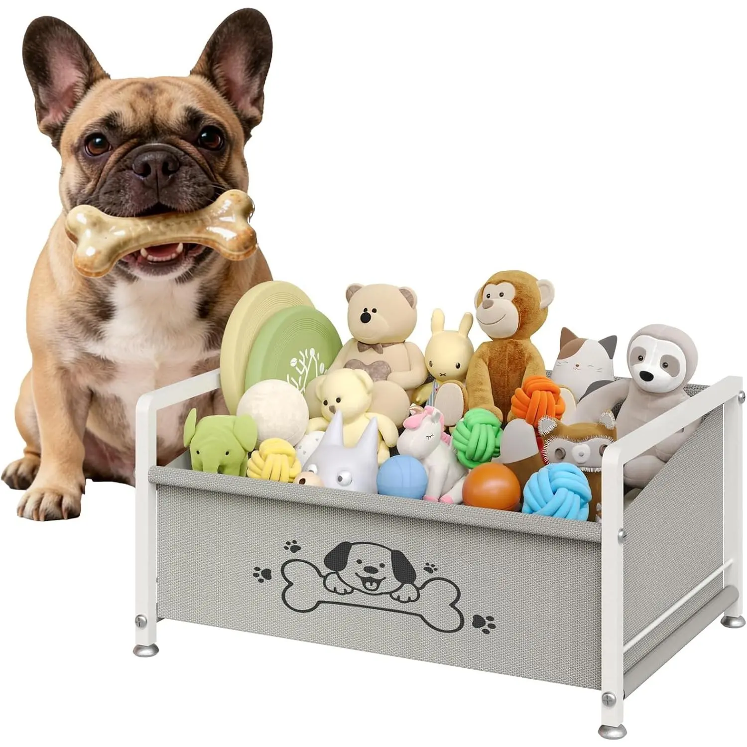 Dog Toy Box for Storage, Metal Frame Oxford Fabric Pet Toy Organizer with Raised Legs, Large Capacity Dog Toy Basket with Front Low Opening, Washable and Durable Design