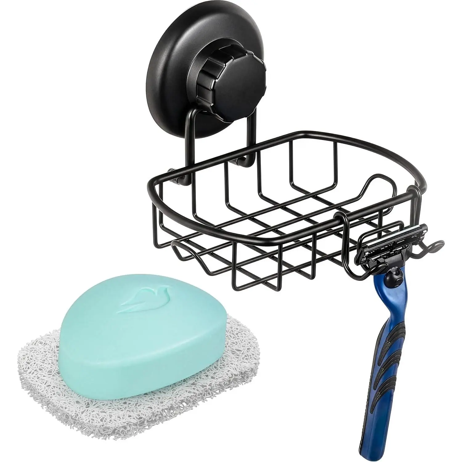 Suction Soap Dish with Hooks - Super  Vacuum Suction Cup Shower Soap Holder - Rustproof Stainless Steel SS304 Soap Basket - Sponge Holder for Bathroom & Kitchen (Black)