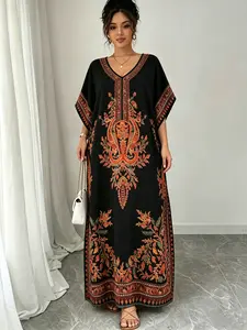 Women's Middle Eastern Muslim Robe, Summer Casual V-Neck Bohemian Dress, Beach Vacation Wear, Daily Home, Boho Kaftan, Boho Caftan, Kaftan Dresses, 1 Piece
