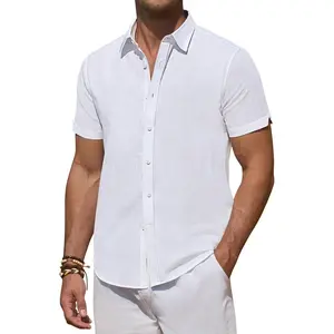 DEMEANOR Linen Shirts for Men Short Sleeve Button Down Shirts Summer Beach Casual Linen Button Up Shirt Vacation Wedding
