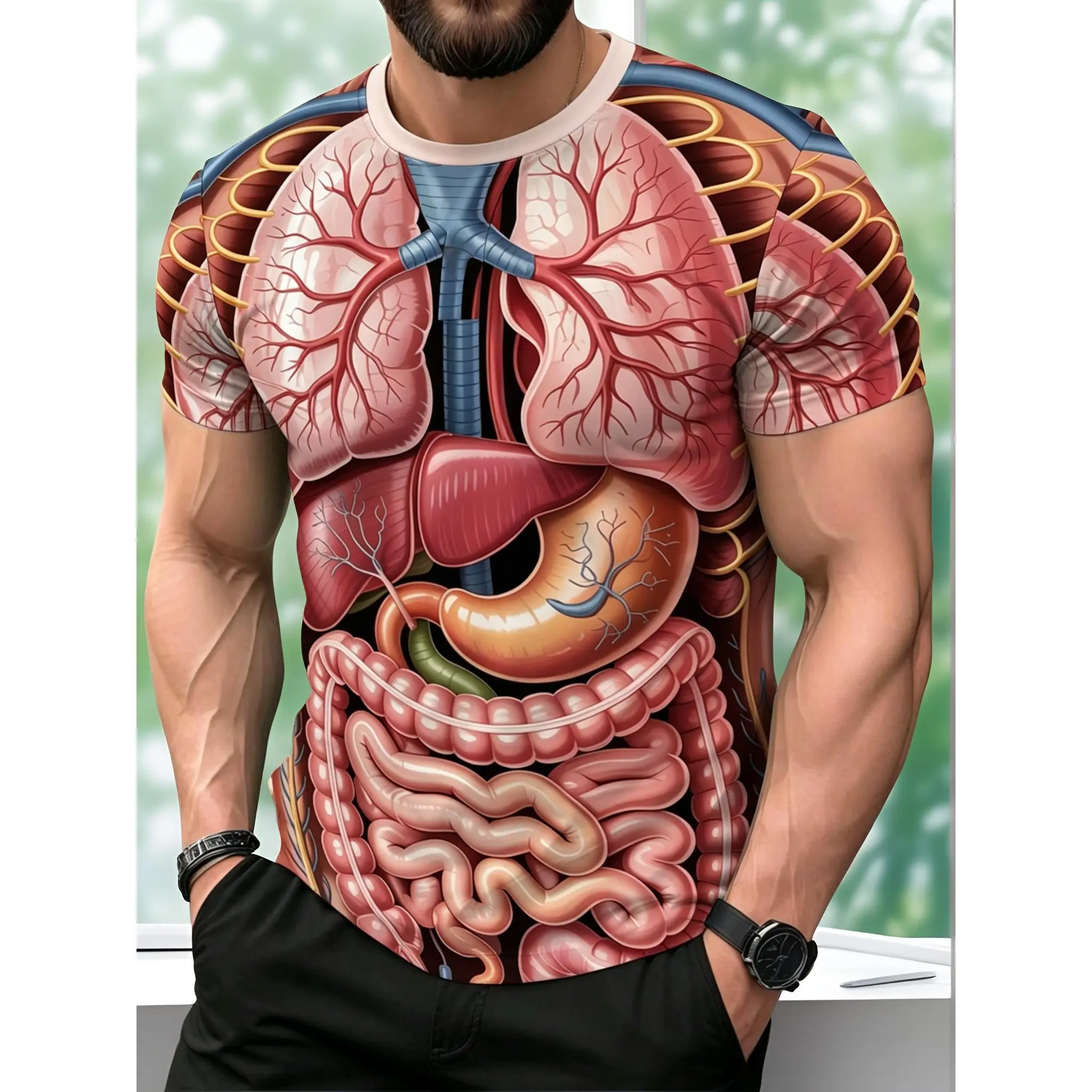 Men's Stylish Short-Sleeve Graphic T-Shirt - Personalized Human Torso Anatomy Chart Print, Round Neck, Soft Breathable Fabric, Casual & Gym Wear for Sports, Daily Use, Machine Washable