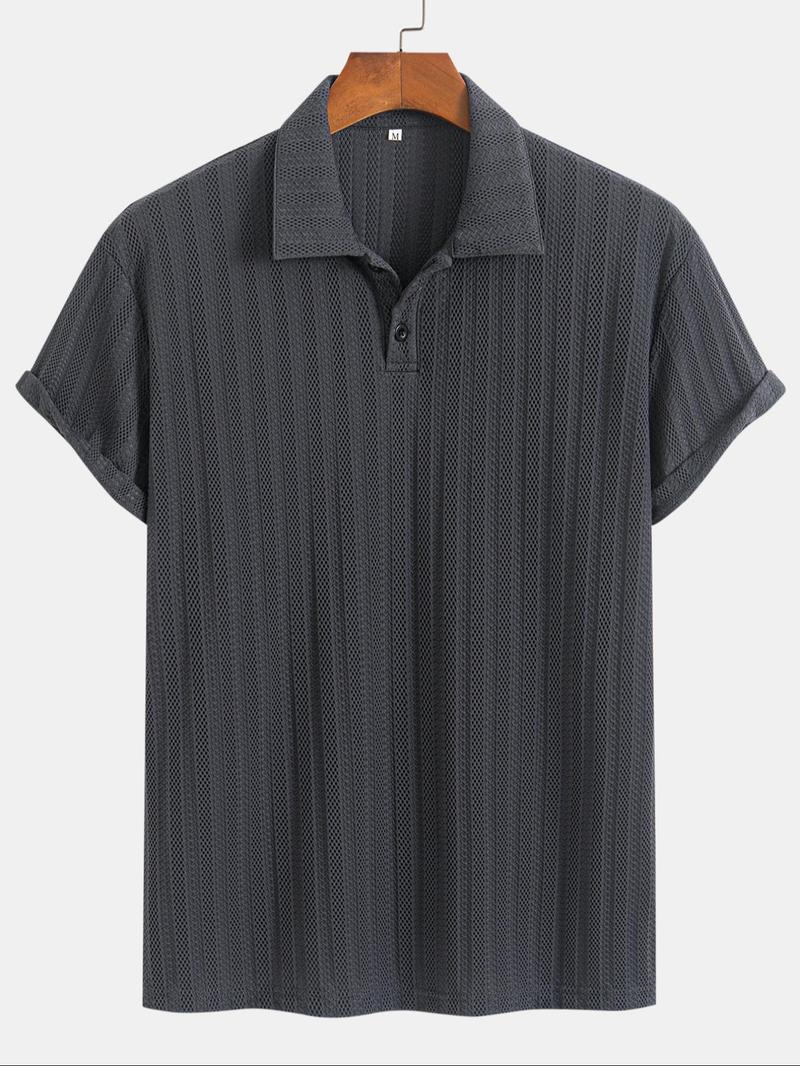Men's Regular Fit Solid Jacquard Button Textured Polo Shirt, Casual Short Sleeve Polo Top for Summer, Fashion Men's Clothes for Daily Wear