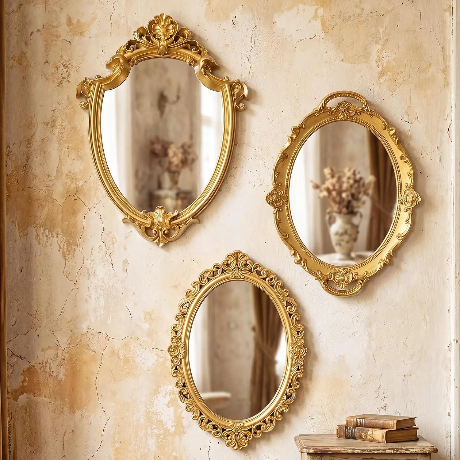 Beeveer 3 Style Vintage Mirrors Set Decorative Oval Wall Mirror Small Antique Mirrored Tray Decorative Hanging Mirror for Bathroom Bedroom Jewelry Organizer Victorian Decor (Shield,Gold)