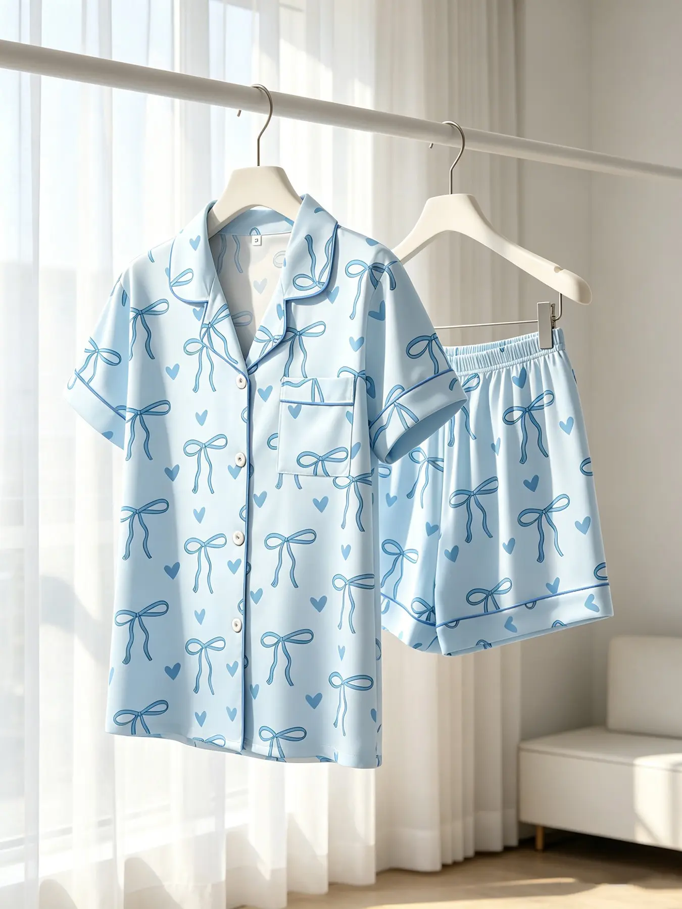 Women's Button-Down Short Sleeve Top & Shorts Pajama Set, Light Blue Bow Heart Print, Blue Piping, White Bow Detail, Spring Summer Wear, Loose Fit, Coquette Dopamine Aesthetic Loungewear, Nightwear, Lounge Pj Set