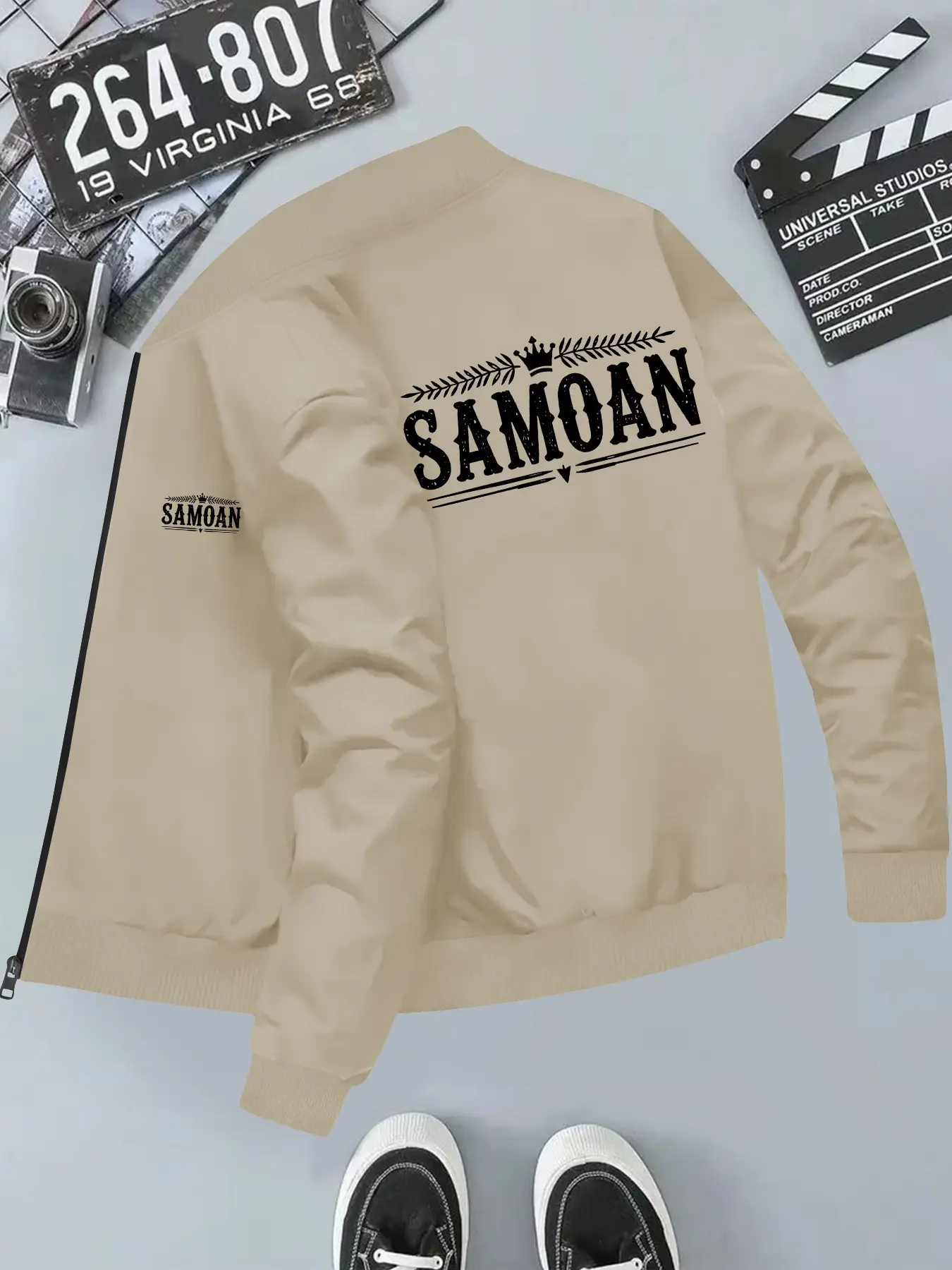 Samoan Print Men's Hooded Casual Jacket, Long Sleeve Slim-Fit, Geometric Pattern, All Seasons, Plain Surface
