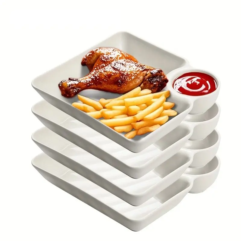 4pcs Separated Snack Plates Set, Divider Plate, Plastic Sushi/snack Dip Tray, Plastic Food Plates, Microwave & Dishwasher Safe, Ideal for Kitchen, Restaurant, Outdoor, Dormitory