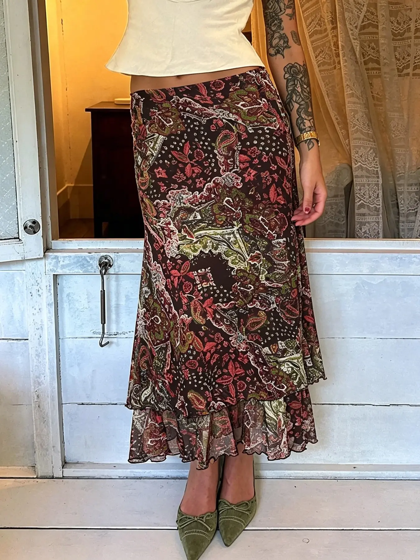Vintage Floral Print Mesh Midi Skirt, Y2K Ruffle Asymmetrical Design, Summer Beach Boho Bohemian Style, Casual Boho Skirt, Elegant Slim-Fitting Skirt for Women