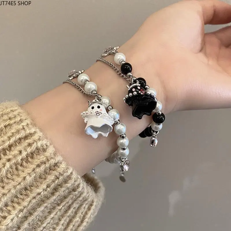 Hip-Hop Beaded Bracelet with Ghost Pendants, Women's High Texture Synthetic Jewelry on an Elastic Cord, Lightweight Fit for Casual Wear