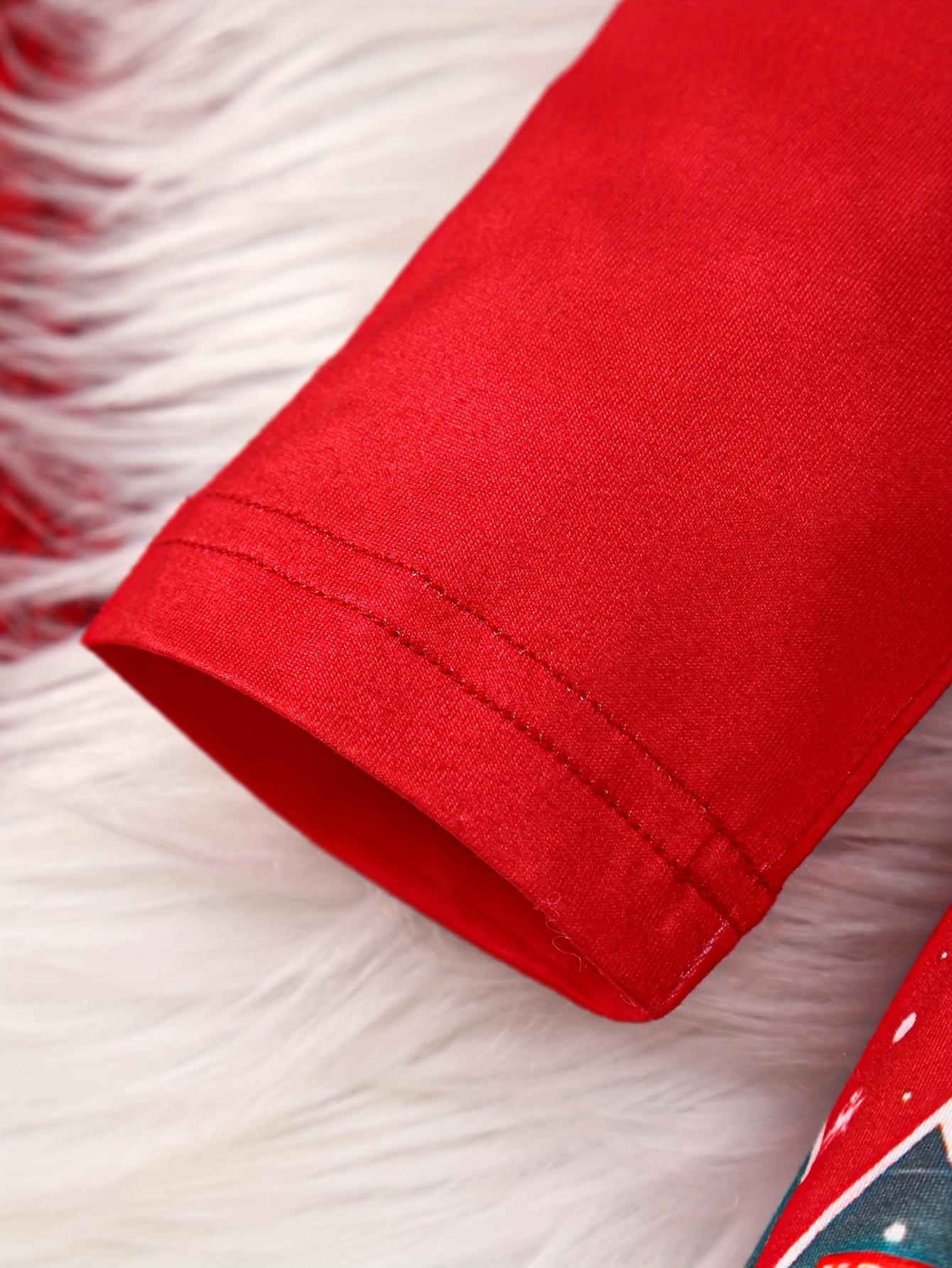 [Girls' Christmas Holiday Dress] Christmas Girls' Holiday Dress |         Long Sleeve, Round Neck, Stretchy Snowflake & Santa Print, Party Style, Polyester Knit, Regular Fit, All-Season