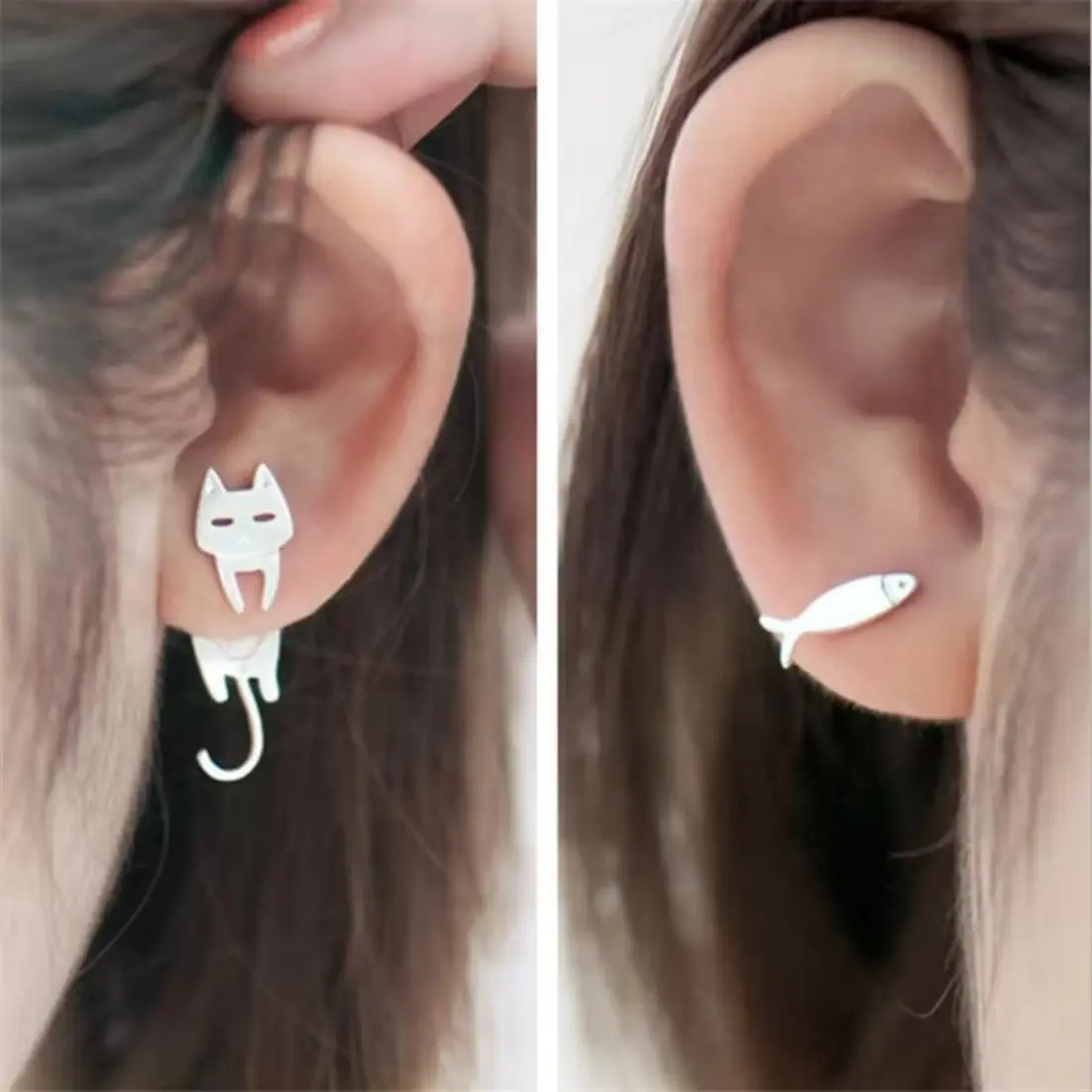 Cute Cat and Fish Stud Earrings for Women, Asymmetric Mismatched Animal Earrings with Unique Kawaii Design, Trendy Minimalist Fashion Jewelry Accessory, Playful Everyday Earrings for Girls, Birthday, Party, Daily Wear & Gift for Her