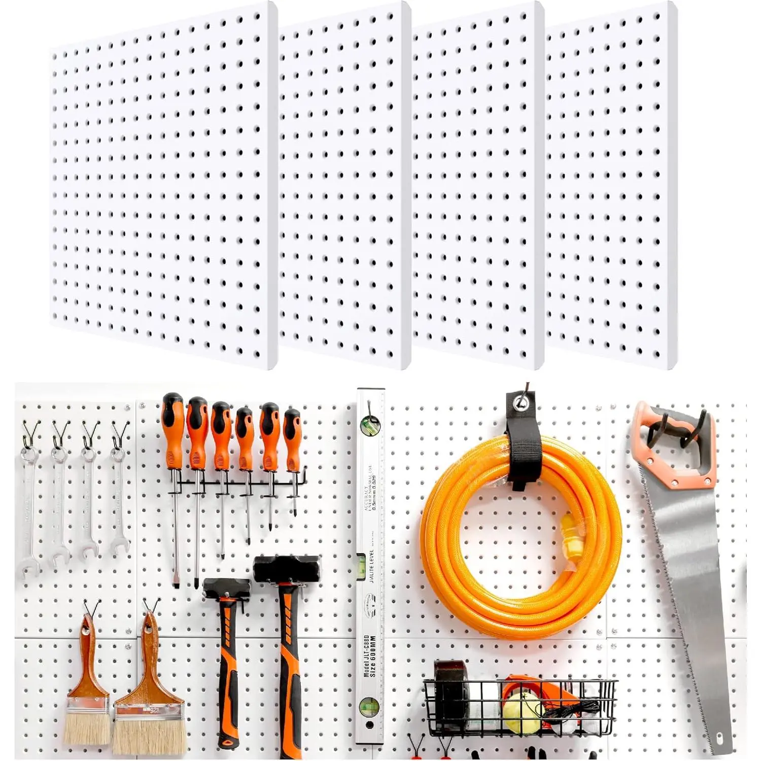 White Pegboard, Metal Pegboard Panels, 16-inch X 16-inch Metal Peg Board for Garage, Gaming, Craftroom, etc, 4 count as units  hand are 16X 16, 4 count.