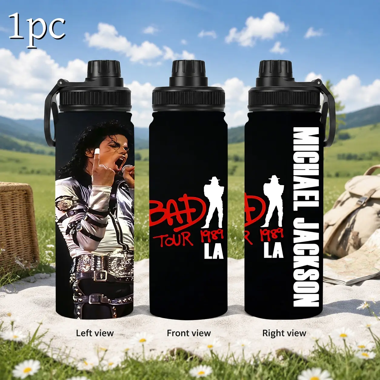 1pc 20oz Michael Jackson BAD Tour 1989 Graphic Water Bottle, Stainless Steel Insulated cup, Stylish Tumbler, Large-capacity outdoor camping travel cup, For Concert Fans Holiday Present