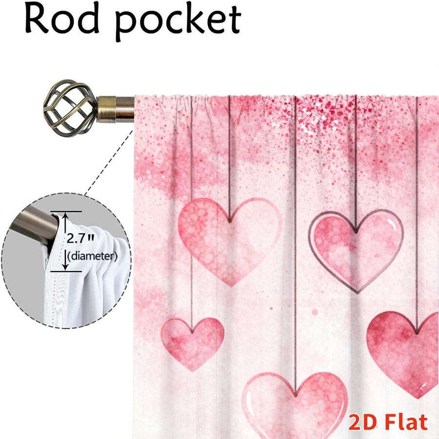 2Pcs Romantic Pink Heart Pattern Sun Blocking Curtains Digital Printed Rod Pocket, Window Treatment For Bedroom Office Kitchen Living Room Study Home Decor