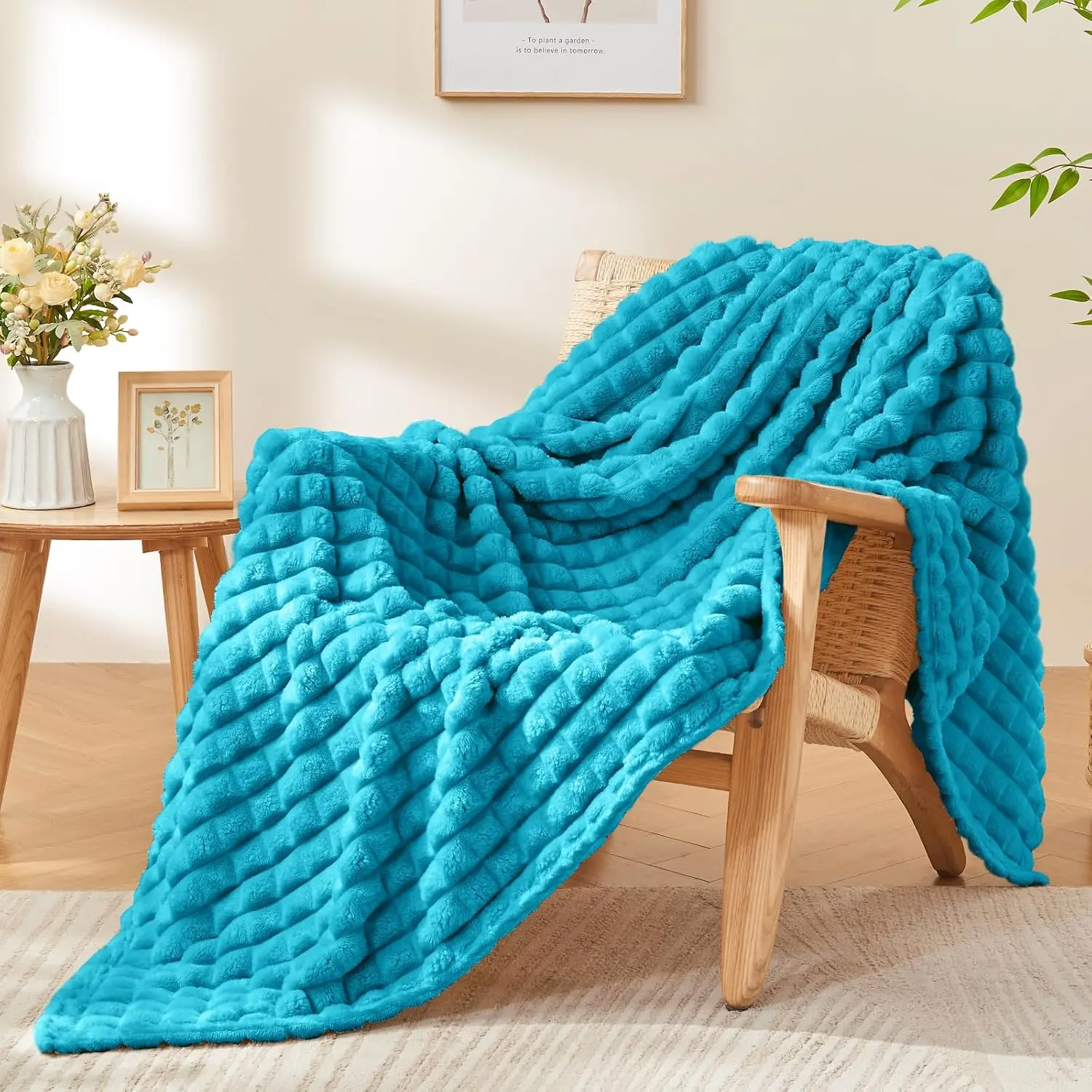 3D Checked Teal Fleece Throw Blanket for Couch, 50x60 Inches| Soft Blanket for Bed Sofa, Lightweight Plush Cozy for Home Room Decor, Gift for Women, All Season