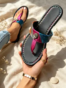 Trendy Ladies Vintage Embellished Thong Flip Flops, Textured Faux Leather T-Strap With Antique Eagle Metal Ornament, Stitched Cushioned Footbed Flat Slip-On Beach Walking Sandals