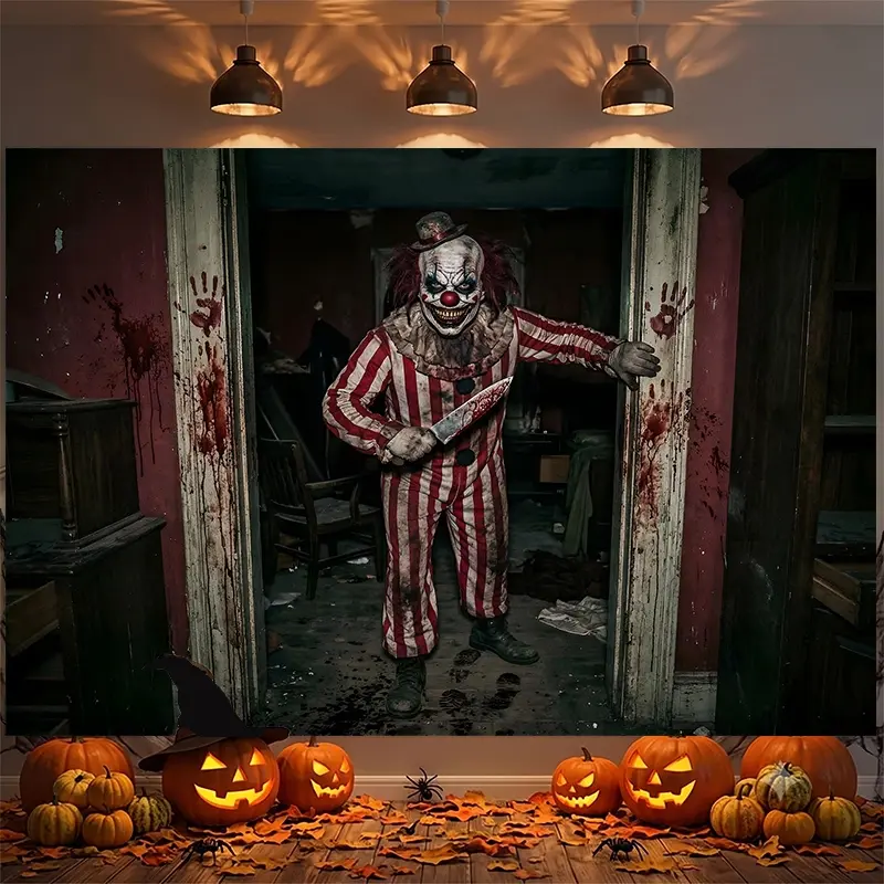 Bloody Evil Clown Halloween Backdrop, Photography Background, Party Backdrop, Photo Booth Background, Studio Backdrop, Video Background, Haunted House Backdrop, perfect for Halloween themed parties, live stream backgrounds, portrait shoots, store window d
